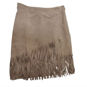 ABERCROMBIE & FITCH Faux Suede Mini Skirt Fringe Hem Mock Wrap Sz 0 Beige